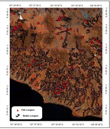 Gambar 3.  Analisis citra Landsat  untuk tanah longsor, dilengkapi titik referensi longsor    (titik segitiga merah) di daerah Garut dan sekitarnya