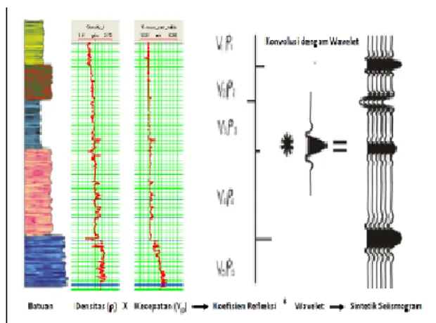 Gambar 3.5 Seismogram  sintetik dihasilkan dari hasil konvolusi wavelet dengan  deret Koefisien Refleksi yang diperoleh dari hasil kali densitas batuan dengan 