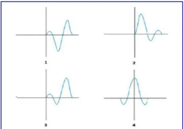 Gambar 3.4 Jenis-jenis wavelet berdasarkan konsentrasi energinya; (1) mixed  phase wavelet, (2) minimum phase wavelet, (3) maximum phase wavelet, dan (4) 