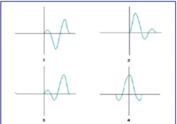Gambar 3.4 Jenis-jenis wavelet berdasarkan konsentrasi energinya; (1) mixed  phase wavelet, (2) minimum phase wavelet, (3) maximum phase wavelet, dan (4) 