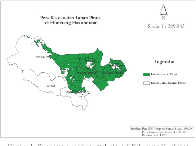 Gambar 1.  Peta kesesuaian lahan untuk pinus di Kabupaten Humbahas