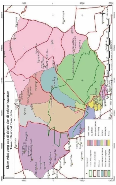 Gambar 2. Peta klaim adat di awasan utan Tesso Nilo dan TN Tesso Nilokh.Figure 2. Map of  indigenous claims at Tesso Nilo orest egion and Tesso Nilo National Parkfr.Sumber/Source : Yayasan Tesso Nilo (2013)