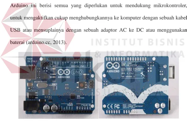 Gambar 2.4 Arduino Uno SMD R3 Sisi Depan (Kiri) dan Belakang(Kanan)  Sumber : (arduino.cc, 2013) 