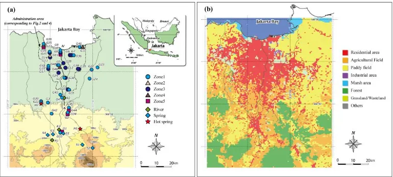 Figure 1 Maps showing (a) study area and sampling locations and (b) the land use divided into eight components