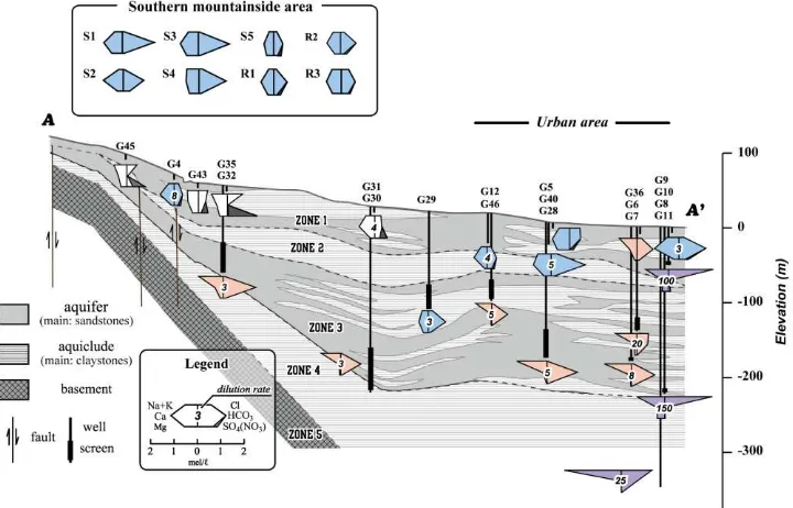 Figure 4 Vertical distribution of the stiff diagram along a cross sections shown in Fig