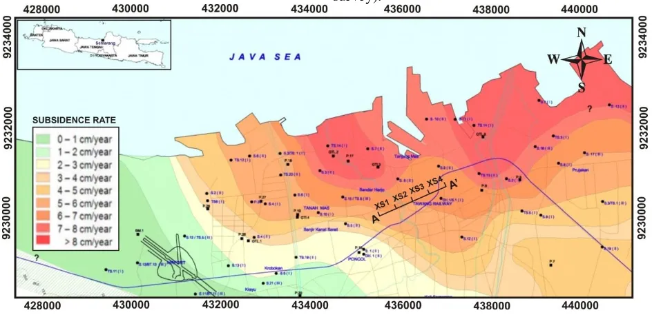 Figure 10 shows that total settlement due to groundwater drawdown during the year 1996-2010  plus the application of external load along section 1-4 ranges between 90-120 cm, the largest settlement at section 1 and 2 and the lower settlement found in secti