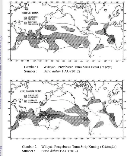 Gambar 1.  Wilayah Penyebaran Tuna Mata Besar (Bigeye) 