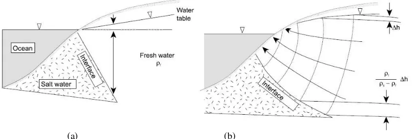 Figure 2. Shape of freshwater/seawater interface, (a) Ghyben-Herrzberg interface and (b) actual interface in the condition of flowing groundwater (Marui, 2003 after Bower, 1978) 