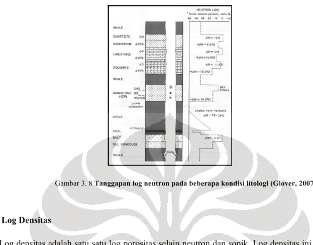 Gambar 3. 8 Tanggapan log neutron pada beberapa kondisi litologi (Glover, 2007) 