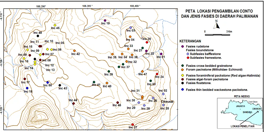 Gambar 2. Peta lokasi pengambilan conto batuan dan jenis fasies di daerah penelitian. 