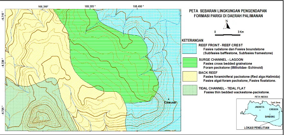 Gambar 11.@2012 Puslit Geoteknologi   Peta  sebaran lingkungan pengendapan  Formasi Parigi di daerah Palimanan 