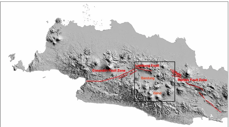 Figure 1.  Active faults in West Java Region (Abidin et al., 2009; Martodjojo, 2003; Dardji et al., 1994).The area inside the box is the region of Landsat Interpretation presented at Figure 2