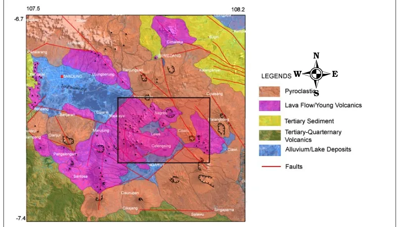 Figure 2. Geological Interpretation from Landsat Image. The black box is the study area represented in Figure 3