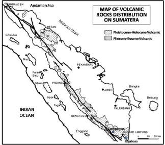 Figure 1.  Distribution of volcanic on Sumatera that mostly concentrated along the west coast of the island with exception in Lampung and North Sumatera Provinces (after Zulkarnain, 