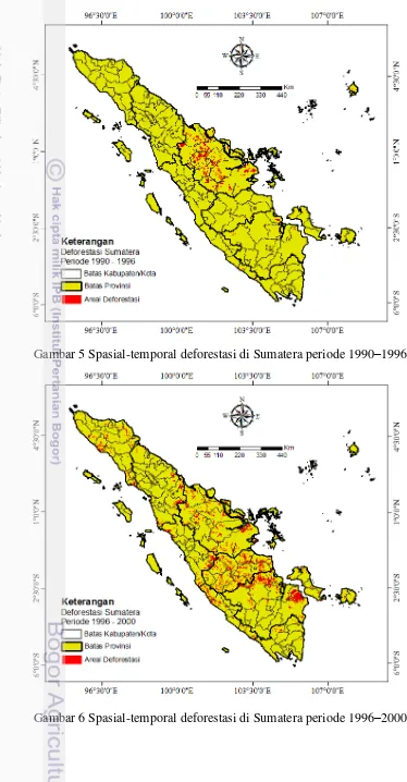 Gambar 5 Spasial-temporal deforestasi di Sumatera periode 1990–1996 