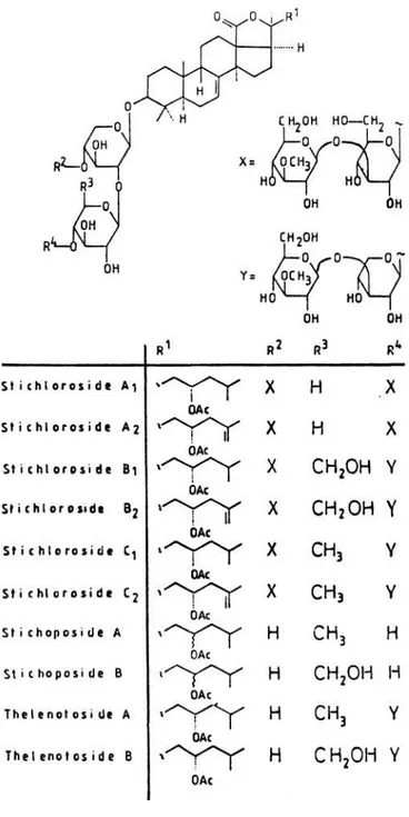 Gambar 2. Struktur glykosid pada beberapa jenis teripang dari suku Stichopodidae  (HABERMEHL &amp; KREBS 199)