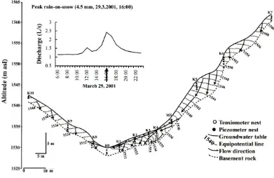 Figure 2. Successive change in the potential distribution and flow lines during snowmelt runoff on March 28, 2001