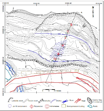 Figure 3. Topographical map of the research landslide area, showing the locations of geotechnical investigations
