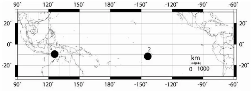 Gambar 1.  Lokasi koral yang digunakan dalam studi ini: (1) Timor dan (2) Tahiti. 
