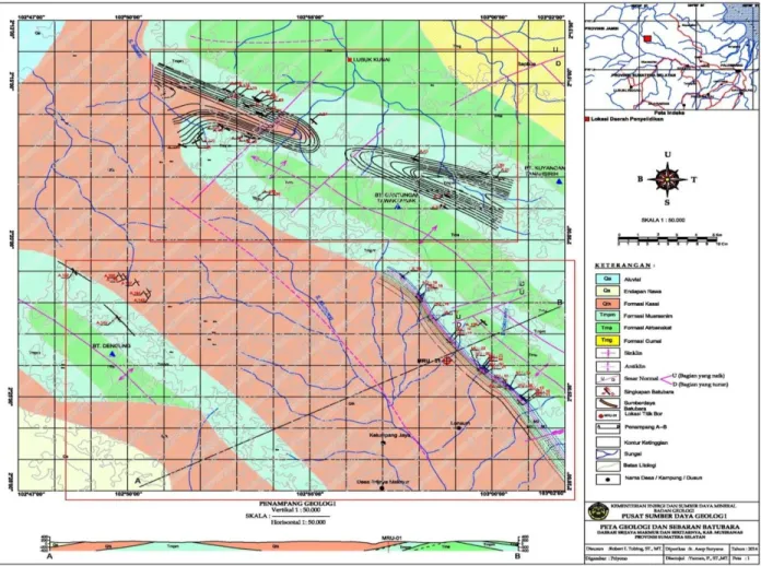 Gambar 1. Peta geologi dan Lokasi Titik Bor MRU-01 di daerah Penelitian  (modifikasi dari Suwarna, dkk., 1994).