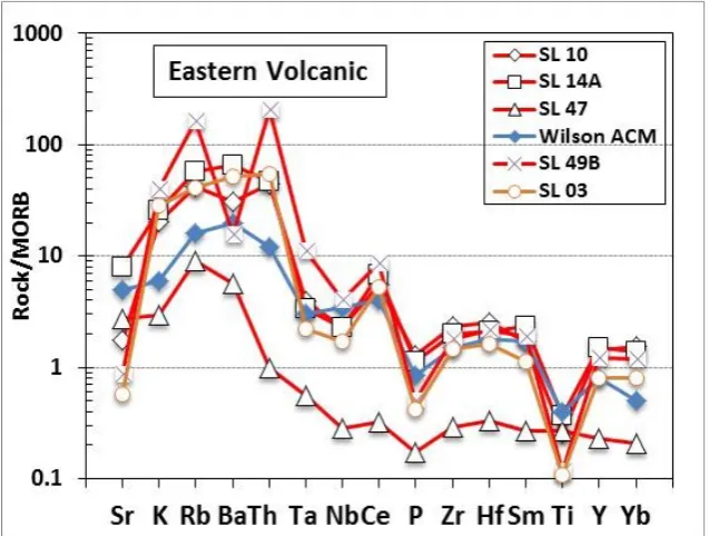 Figure 10. Plot of five samples of eastern volcanic showing continental character and matched with the pattern of Active Continental Margin, represented by ACM  (taken from Wilson, 1989) 