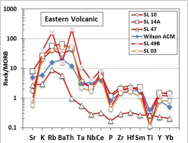 Figure 10. Plot of five samples of eastern volcanic showing continental character and matched with the pattern of Active Continental Margin, represented by ACM  (taken from Wilson, 1989) 
