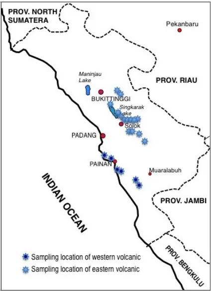 Figure 4. Sample locations map showing the location where samples of the western and eastern volcanic in Central Sumatera has collected