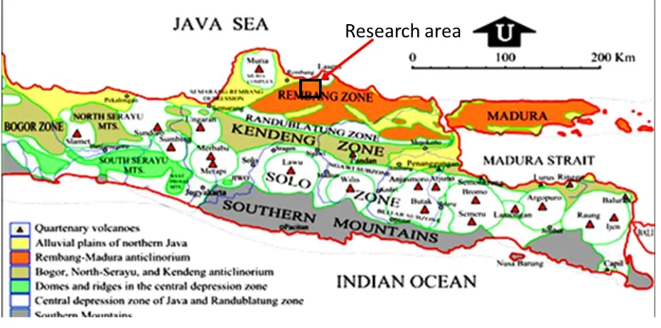 Figure 1. East Java Physiographic Map. Research area in black box. (van Bemmelen, 1949)