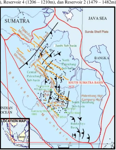 Gambar 1.1 Lokasi Penelitian Tugas Akhir di Cekungan Sumatra Selatan (Bishop, 2001). 