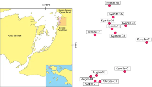 Gambar I.1.: Lokasi penelitian (kotak merah) di sebelah timurlaut Pulau Salawati. Nama sumur-sumur penelitian telah diubah dan posisi sumur diambil dari Pertamina dan Trend (1986).