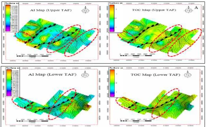 Gambar 9. Persebaran zona shale hidrokarbon pada Formasi Upper dan Lower TAF.
