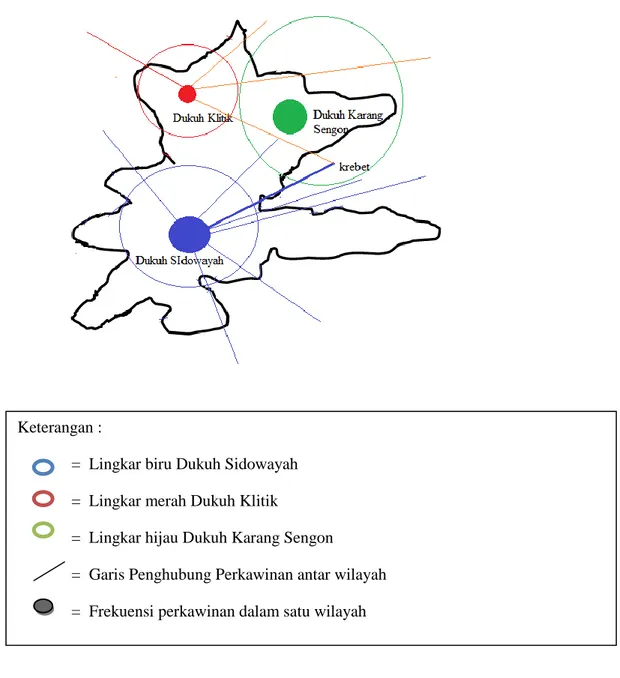 Gambar  1.  menunjukkan  MMR  antara  orang  tua  Ego  di  Desa  Sidoharjo,  dimana  di  daerah  tersebut  terdapat  tiga  dukuh  yaitu  pada  lingkaran  biru  adalah  Dukuh  Sidowayah,  lingkaran  hijau  adalah  Dukuh  Karang  Sengon  dan  lingkaran  mera