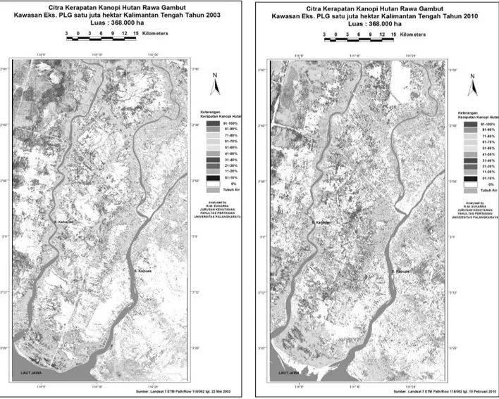 Gambar 2. Peta Kerapatan Kanopi Hutan Rawa                    Gambut Model FCD Citra Landsat 7 ETM                     Path/Row 118/062 Tahun 2003