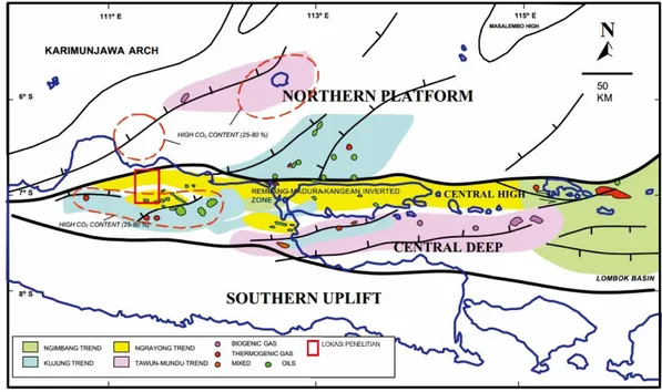 Gambar 1.3. Peta yang menunjukan trend  habitat minyak dan gas di Cekungan Jawa Timur