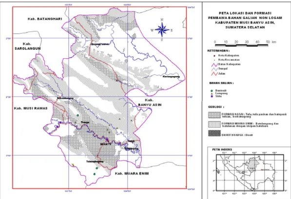 Gambar 1. Peta lokasi dan formasi pembawa bahan galian non logam di Kabupaten Musi  Banyuasin