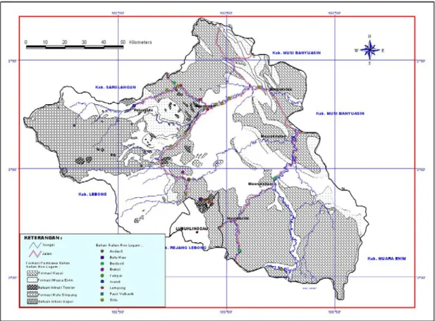 Gambar 2. Peta lokasi dan formasi pembawa bahan galian non logam di Kabupaten Musi Rawas 