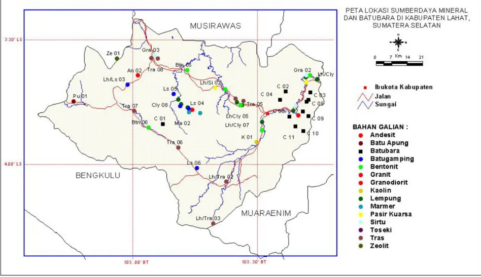 Gambar 1. Peta lokasi sumberdaya mineral dan batubara di Kabupaten Lahat  Sumatera Selatan