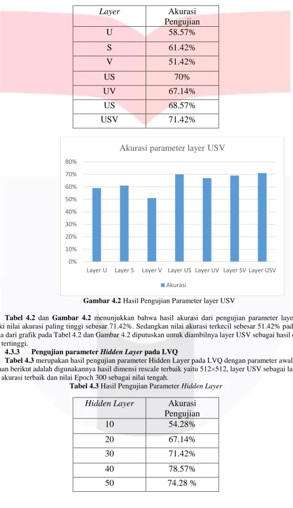 Tabel 4.2 Hasil pengujian parameter Layer USV pada citra. 