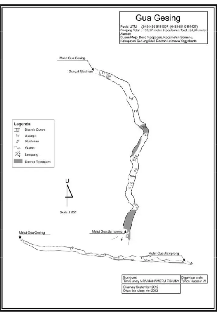 Gambar 2. Peta lorong Gua Gesing-Jlamprong (Widyarmoko, 2013 dengan modifikasi) 