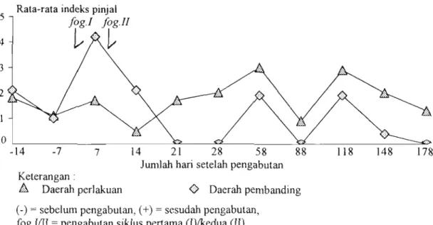 Gambar  3.  Rata-rata indeks kasar pinjal di habitat kebun setelah pengabutan  malathion  5%  di daerah perlakuan dan pembanding