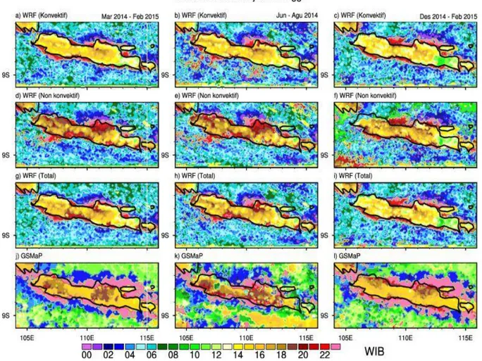 Gambar 3-2:  Fase  diurnal  frekuensi  hujan  tertinggi  dari  hasil  simulasi  model  WRF,  baris  pertama  untuk hujan konvektif, baris kedua untuk hujan non-konvektif, dan baris ketiga untuk  hujan total hasil prediksi, sedangkan baris keempat untuk huj