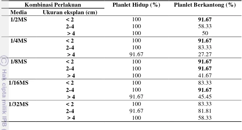 Tabel 8  Persentase planlet hidup dan berkantong N. gracilis pada setiap kombinasi perlakuan 