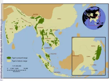 Gambar 3. Peta sejarah distribusi harimau (cokelat muda) dan wilayah pe-