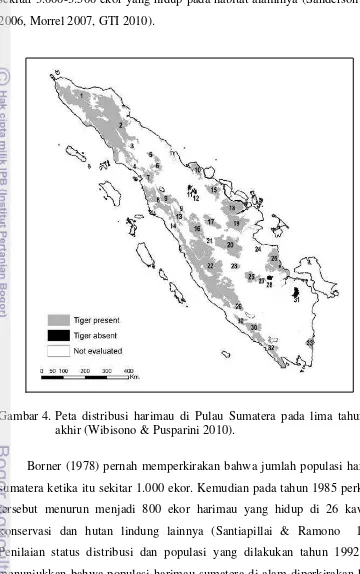 Gambar 4. Peta distribusi harimau di Pulau Sumatera pada lima tahun ter-