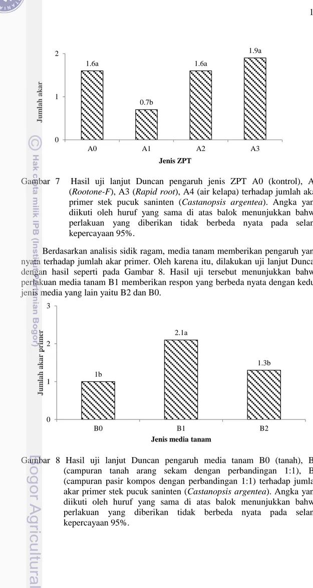 Gambar  7    Hasil  uji  lanjut  Duncan  pengaruh  jenis  ZPT  A0  (kontrol),  A1  (Rootone-F), A3 (Rapid root), A4 (air kelapa) terhadap jumlah akar  primer  stek  pucuk  saninten  (Castanopsis  argentea)