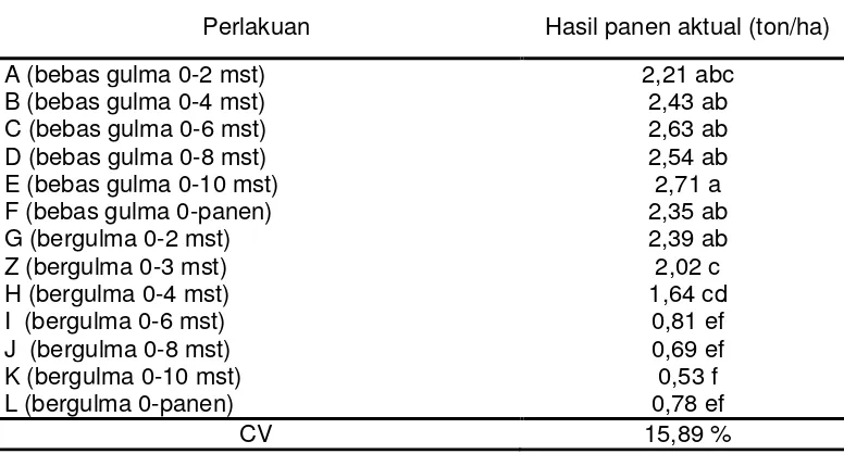 Tabel  6. Analisis hasil panen aktual berbagai macam perlakuan gulma dengan perlakuan Z (bergulma 0-3 mst)