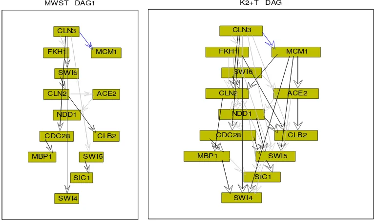 Figure 1. Before re-sampling, it respectively builds gene regulatory network by two algorithms MWST and “K2+T” 