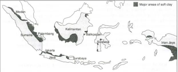 Gambar 1. Penyebaran lokasi lapisan tanah kohesif lunak di Indonesia 