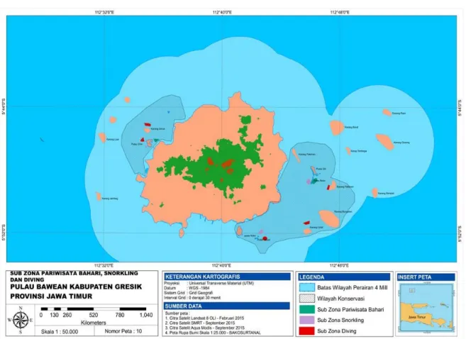 Gambar 1. Peta lokasi wisata Bahari (wisata pantai kategori rekreasi, wisata snorkeling,  dan wisata selam) 