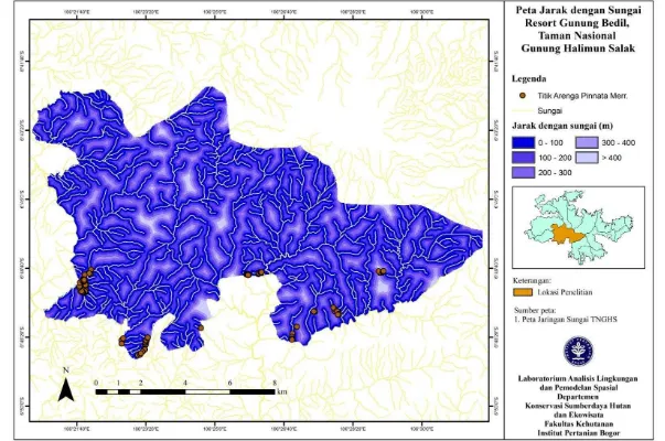 Gambar 10 Peta persebaran titik aren pada berbagai jarak dengan sungai di Resort Gunung Bedil, TNGHS